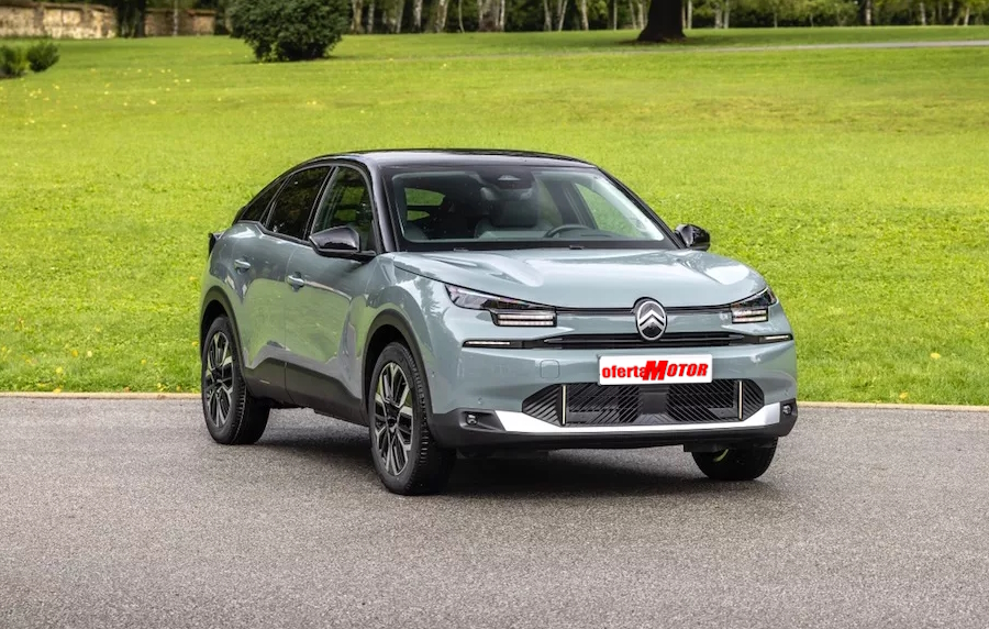 Coche Citroën azul claro aparcado en una carretera con césped y árboles al fondo.